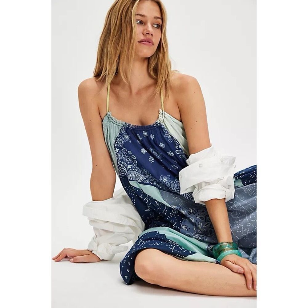 NWT Free People Womens Patchwork Halter Happy Days Maxi Dress Indigo Combo M/L